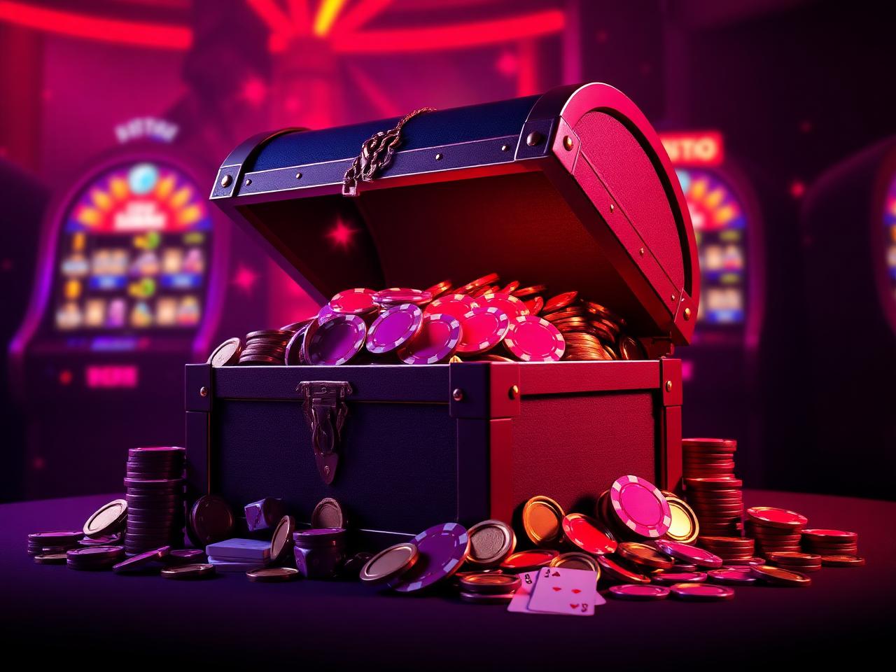 Casino treasure chest with chips and coins